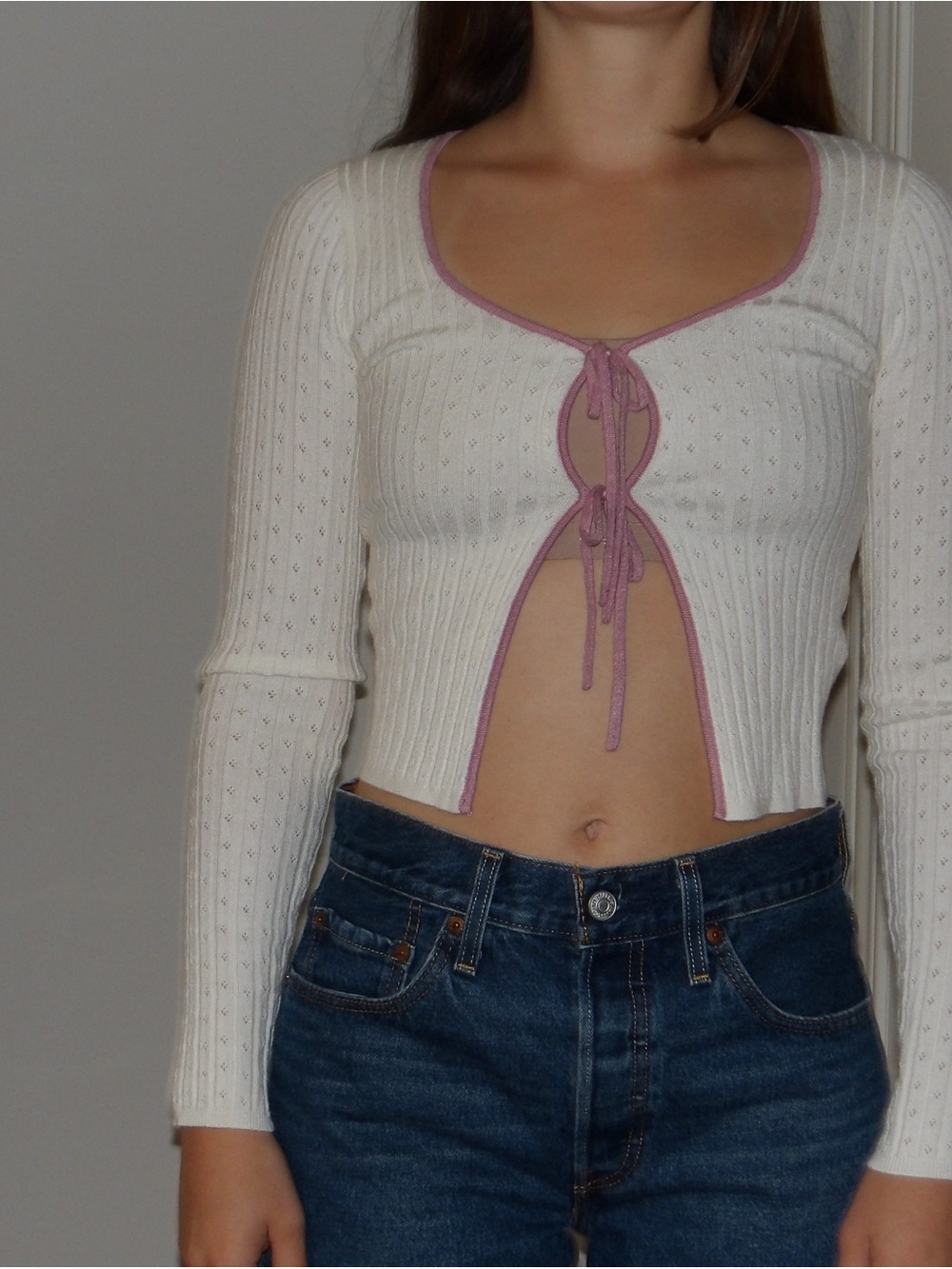 BDG Cream Ribbed Tie-Front Crop Top with Pink Trim